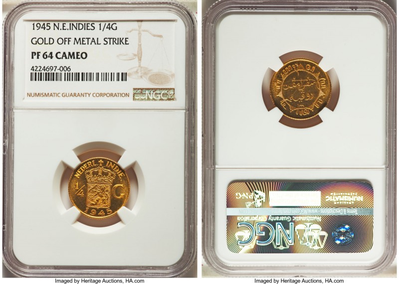 Dutch Colony. Wilhelmina gold Proof Pattern 1/4 Gulden 1945 PR64 Cameo NGC, KM-P...