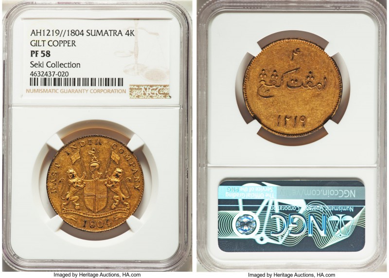 Sumatra. East India Company gilt-copper Proof 4 Kepings AH 1219 (1804) PR58 NGC,...