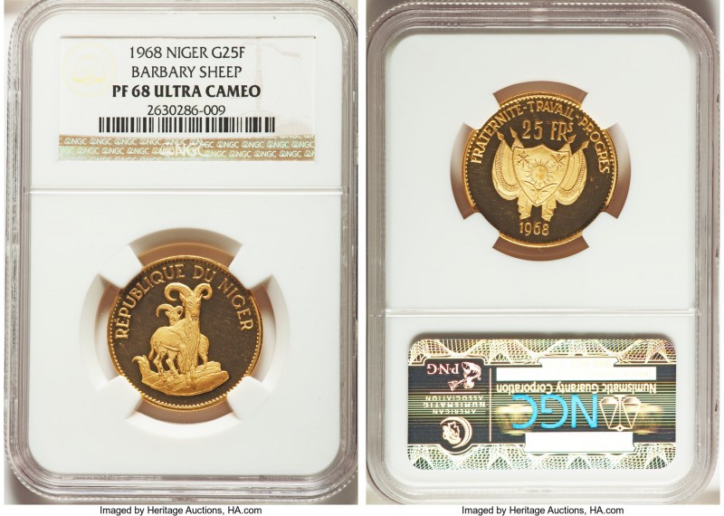 Republic gold Proof "Barbary Sheep" 25 Francs 1968 PR68 Ultra Cameo NGC, KM9. AG...
