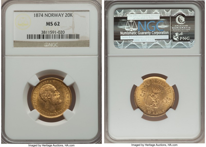 Oscar II gold 20 Kroner 1874 MS62 NGC, KM348. Also valued at 5 Speciedaler.

HID...