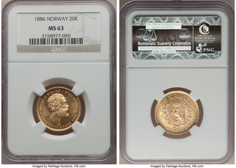 Oscar II gold 20 Kroner 1886 MS63 NGC, KM355. Choice, displaying shimmering fiel...