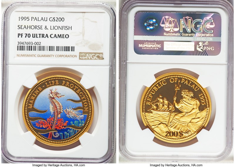Republic gold Proof 200 Dollars 1995 PR70 Ultra Cameo NGC, KM44. Seahorse & Lion...