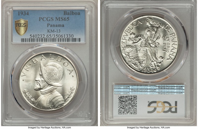 Republic Balboa 1934 MS65 PCGS, KM13. A gleaming gem with quite attractive velve...