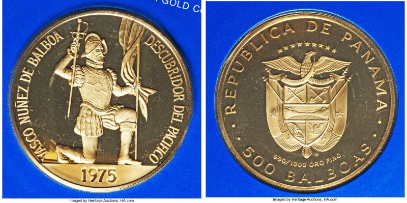 Republic gold Proof 500 Balboas 1975, Franklin mint, KM42. Comes sealed in origi...