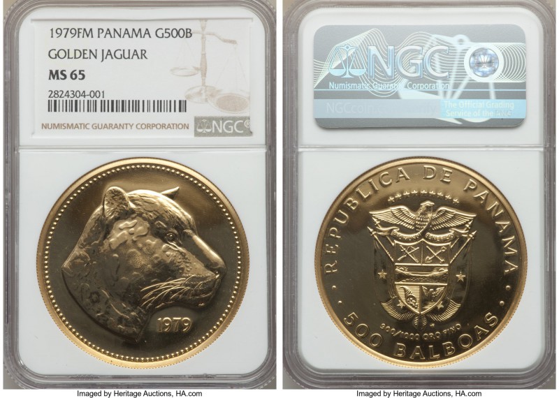 Republic gold "Golden Jaguar" 500 Balboas 1979-FM MS65 NGC, Franklin mint, KM62....