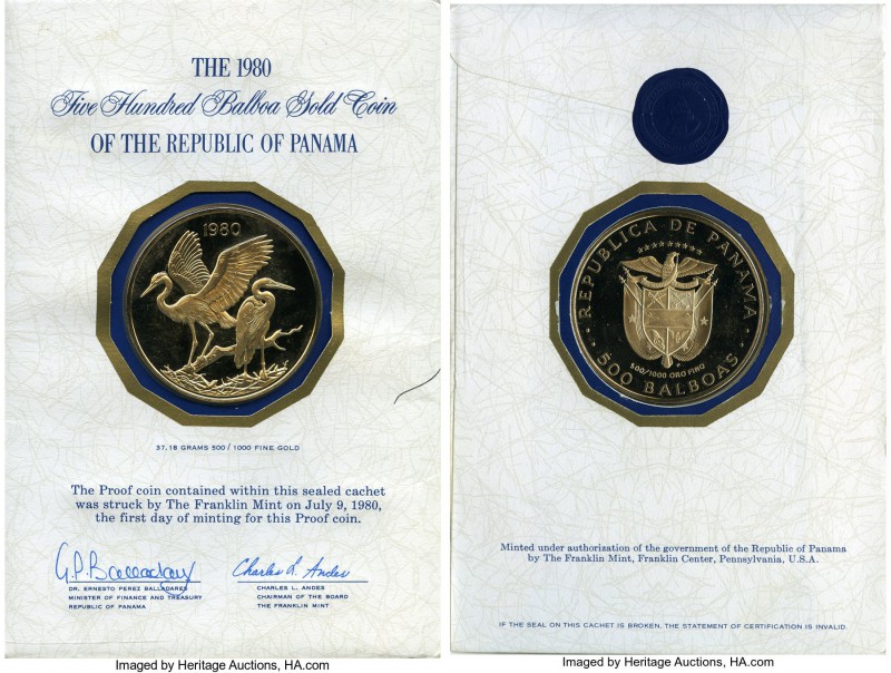 Republic gold Proof "Egrets" 500 Balboas 1980-FM Uncertified, Franklin mint, KM7...