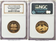 Republic gold Proof "100 Years Anniversary" 100 Kina 1984 PR69 Ultra Cameo NGC, KM27. Almost technically pristine, an attractive proof. AGW 0.2769 oz....
