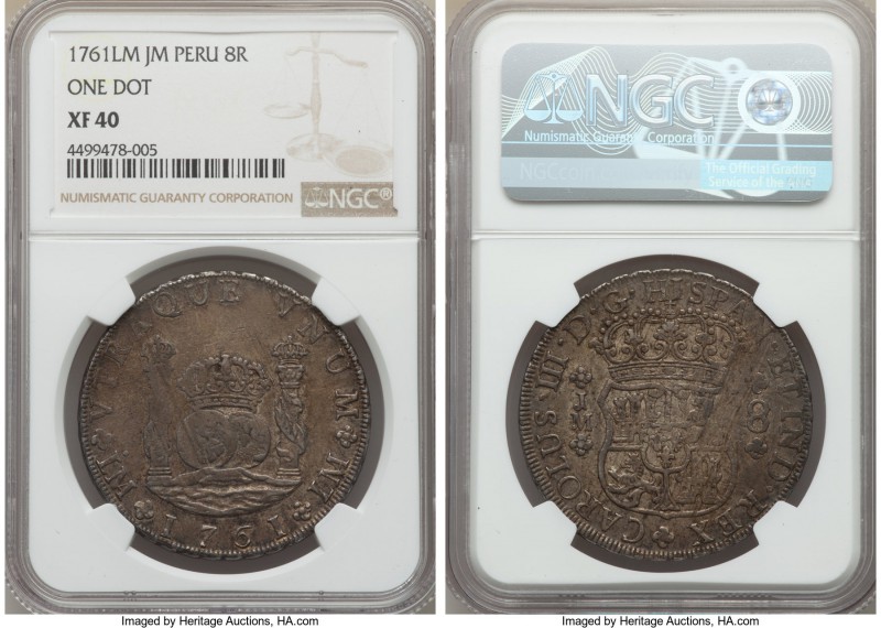 Charles III 8 Reales 1761 LM-JM XF40 NGC, Lima mint, KMA64.2. Dot over left mint...