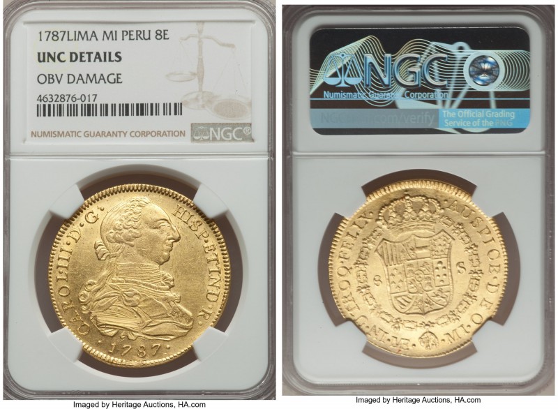 Charles III gold 8 Escudos 1787 LM-MI UNC Details (Obverse Damage) NGC, Lima min...