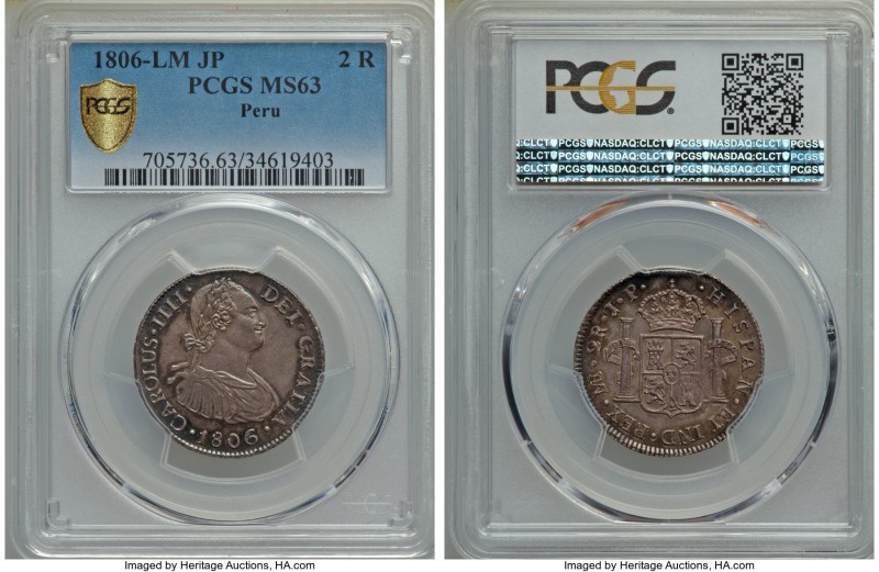 Charles IV 2 Reales 1806 LM-JP MS63 PCGS, Lima mint, KM95. A premium representat...