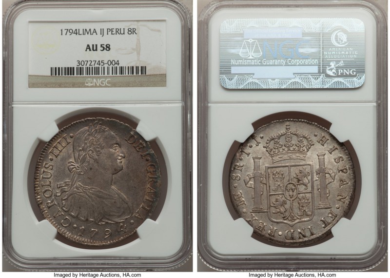 Charles IV 8 Reales 1794 LM-IJ AU58 NGC, Lima mint, KM97. Seemingly conservative...
