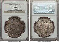 Charles IV 8 Reales 1794 LM-IJ AU58 NGC, Lima mint, KM97. Seemingly conservatively graded, this piece exhibits no wear and strong abundant luster. The...