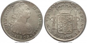 Charles IV 8 Reales 1803 LM-IJ MS62 PCGS, Lima mint, KM97. Brilliant Mint State with essentially full mint bloom and scattered scuffing marks preventi...