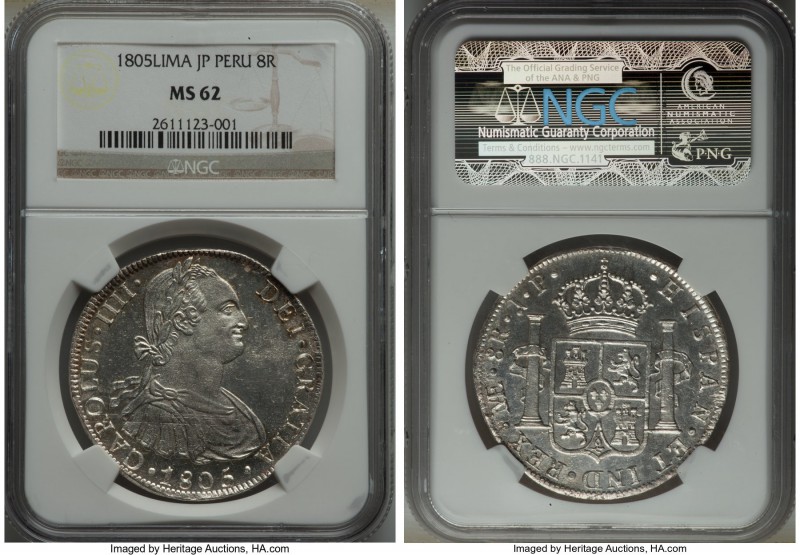Charles IV 8 Reales 1805 LM-JP MS62 NGC, Lima mint, KM97. A lovely coin, boldly ...