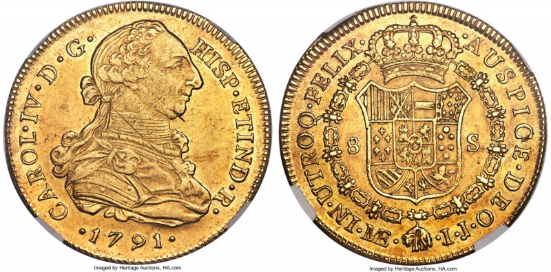 Charles IV gold 8 Escudos 1791 LM-IJ AU58 NGC, Lima mint, KM92. A few minor adju...