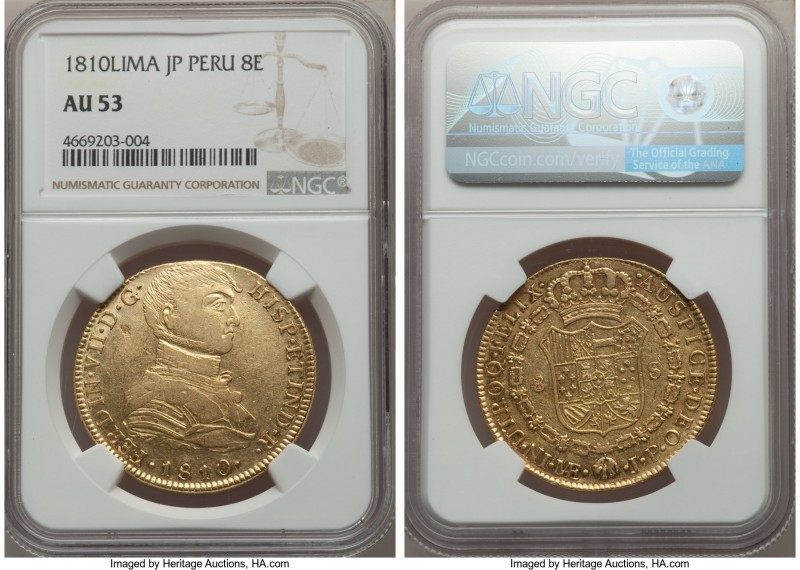 Ferdinand VII gold 8 Escudos 1810 LM-JP AU53 NGC, Lima mint, KM107. The somewhat...