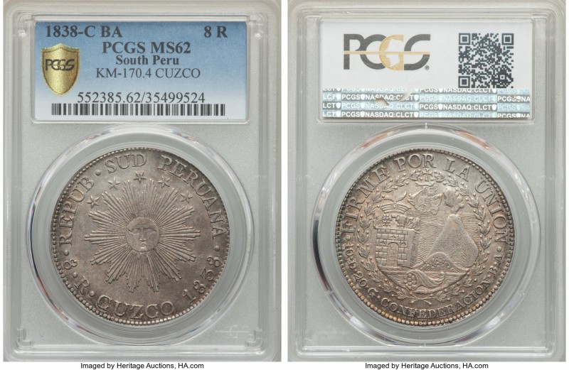 South Peru. Republic 8 Reales 1838 CUZCO-BA MS62 PCGS, Cuzco mint, KM170.4. A sc...