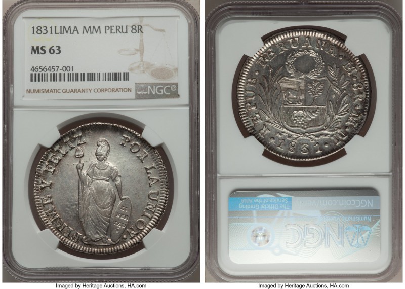 Republic 8 Reales 1831 LM-MM MS63 NGC, Lima mint, KM142.3. Boldly struck with a ...