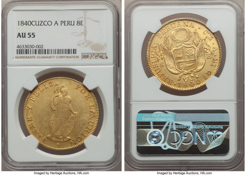 Republic gold 8 Escudos 1840 CUZCO-A AU55 NGC, Cuzco mint, KM148.3. Evenly worn,...