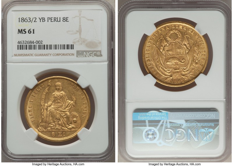 Republic gold 8 Escudos 1863/2-YB MS61 NGC, Lima mint, KM183, Fr-68. A clear ove...