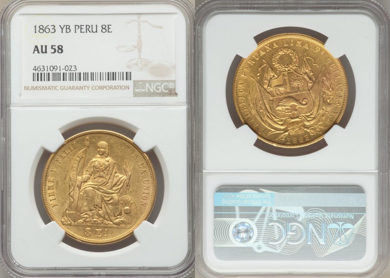 Republic gold 8 Escudos 1863-YB AU58 NGC, Lima mint, KM183, Fr-68. Faint rub on ...