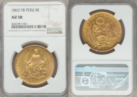 Republic gold 8 Escudos 1863-YB AU58 NGC, Lima mint, KM183, Fr-68. Faint rub on the highlights, but overall problem-free. 

HID99912102018