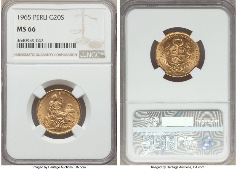 Republic gold 20 Soles 1965 MS66 NGC, Lima mint, KM229. An immaculate example of...