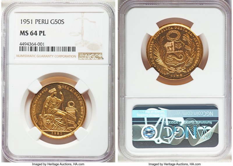 Republic gold 50 Soles 1951 MS64 Prooflike NGC, KM230. Mintage: 5,292. Highly lu...