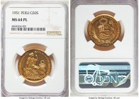 Republic gold 50 Soles 1951 MS64 Prooflike NGC, KM230. Mintage: 5,292. Highly lustrous and reflective, and almost certainly struck from fresh dies. 

...
