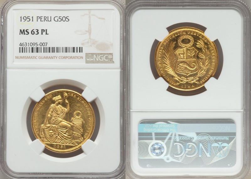 Republic gold 50 Soles 1951 MS63 Prooflike NGC, KM230. Lightly toned and fully p...