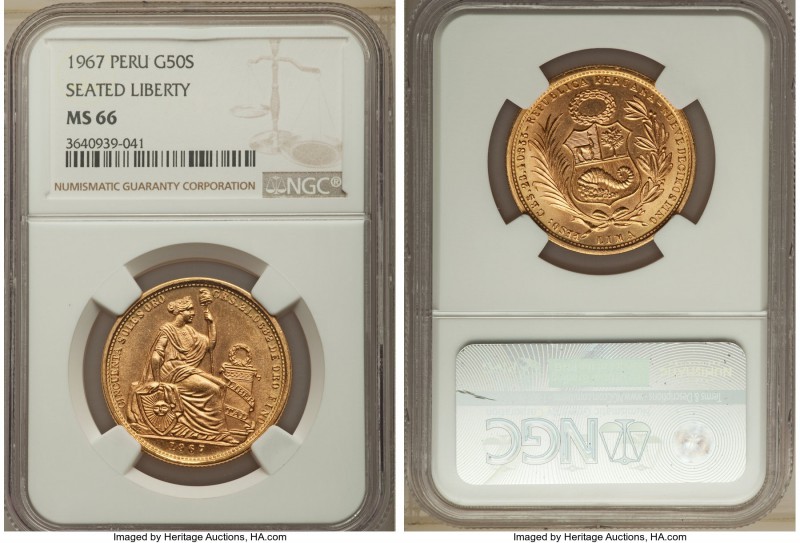 Republic gold 50 Soles 1967 MS66 NGC, Lima mint, KM230. Cartwheel luster through...