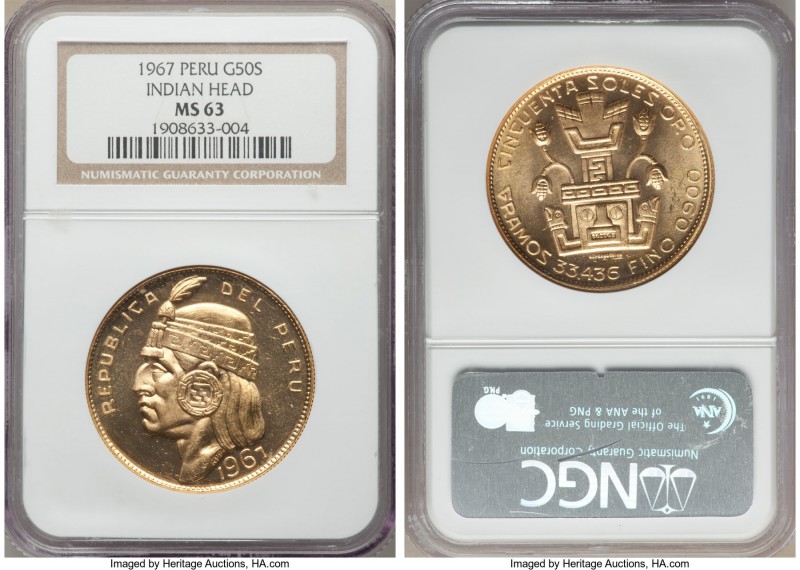Republic gold "Inca" 50 Soles 1967 MS63 NGC, Lima mint, KM219, Fr-77. Mintage: 1...