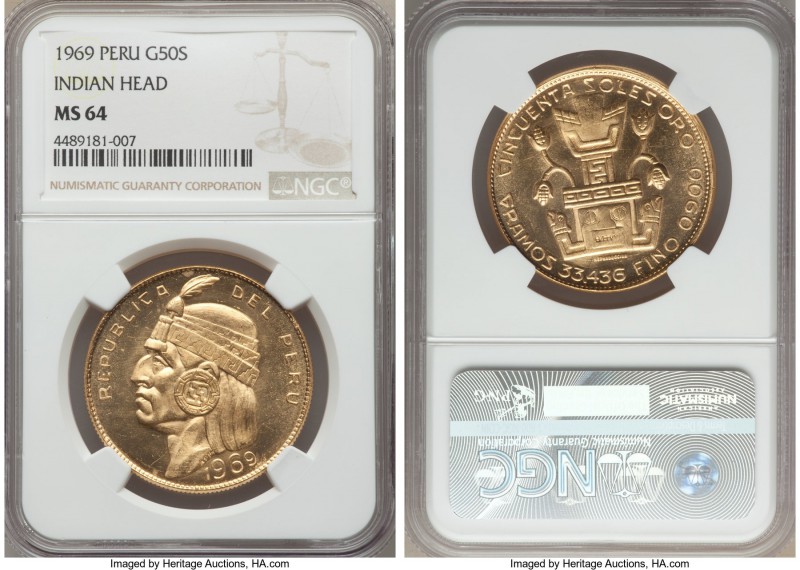 Republic gold "Inca" 50 Soles 1969 MS64 NGC, KM219. A near-Gem example of this p...