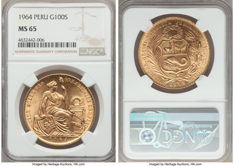 Republic gold 100 Soles 1964 MS65 NGC, Lima mint, KM231. Faintly toned, with fla...