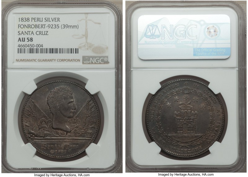 Republic silver Proclamation Medal 1838 AU58 NGC, Cuzco mint, Fonrobert-9235. Ho...
