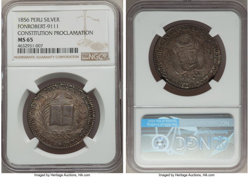 Republic 2 Reales silver Medal 1856 MS65 NGC, Fonrobert-911. A splendid gem repr...