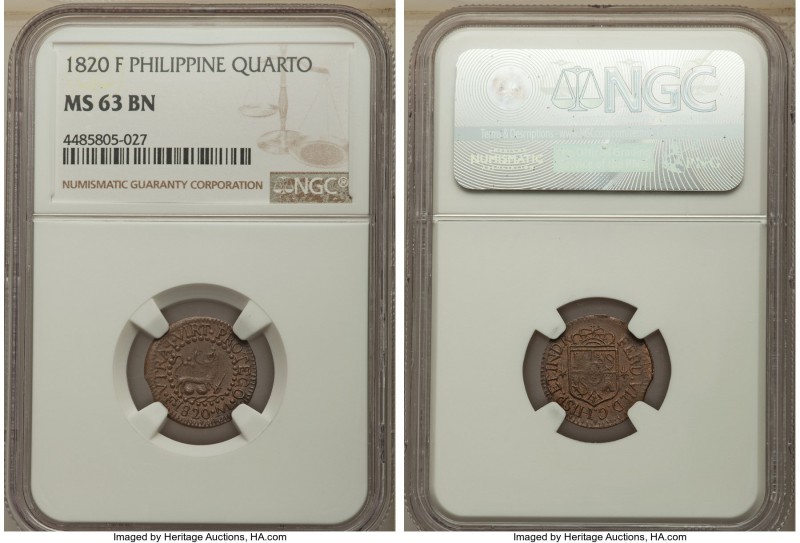 Spanish Colony. Ferdinand VII Octavo 1820-F MS63 Brown NGC, KM8. Mislabeled on t...