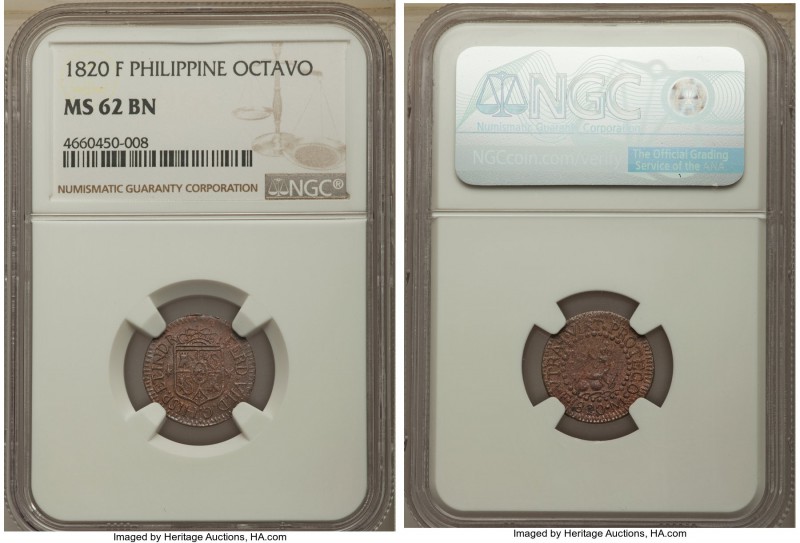 Spanish Colony. Ferdinand VII Octavo 1820-F MS62 Brown NGC, KM8. With a pleasing...
