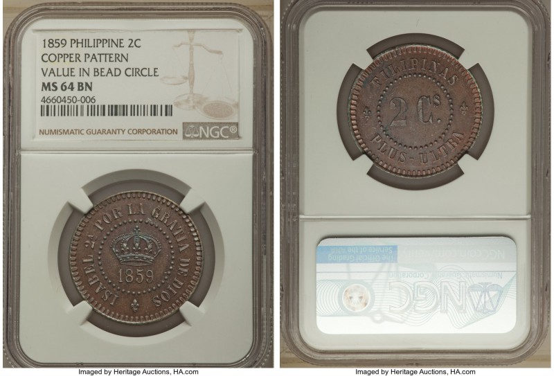 Spanish Colony. Isabel II copper Pattern 2 Centavos 1859 MS64 Brown NGC, KM-Pn12...