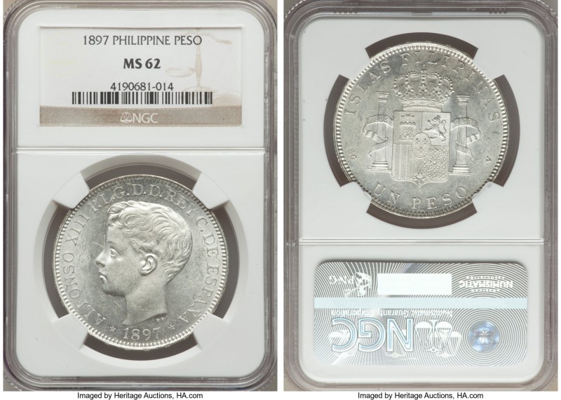 Spanish Colony. Alfonso XIII Peso 1897-SGV MS62 NGC, KM154. Brilliantly silky in...