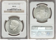 Spanish Colony. Alfonso XIII Peso 1897-SGV MS62 NGC, KM154. Brilliantly silky in the peripheral registers and notably frosty in the central devices, t...