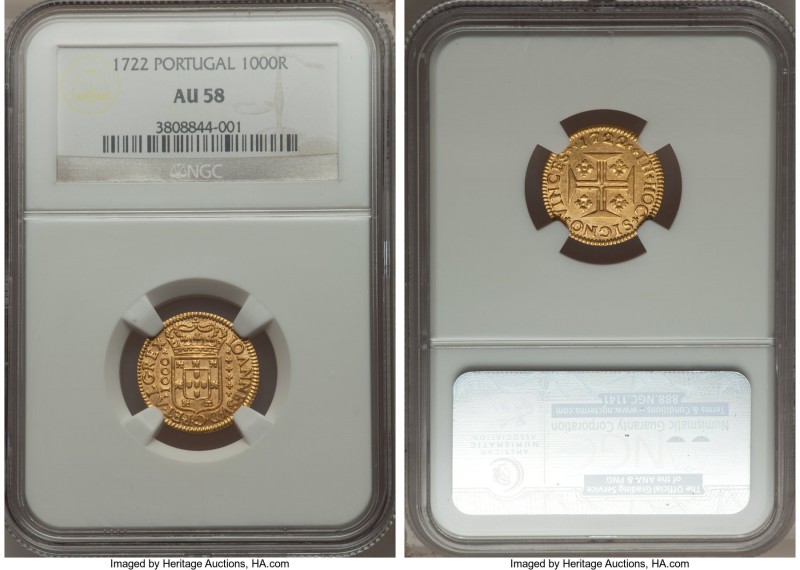 João V gold 1000 Reis 1722 AU58 NGC, Lisbon mint, KM182. A nearly mint-state sel...