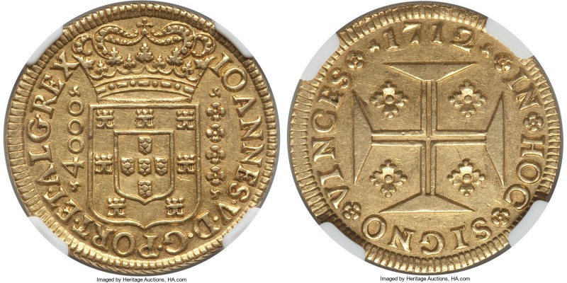 João V gold 4000 Reis 1712-(L) AU58 NGC, Lisbon mint, KM184. A somewhat uncommon...