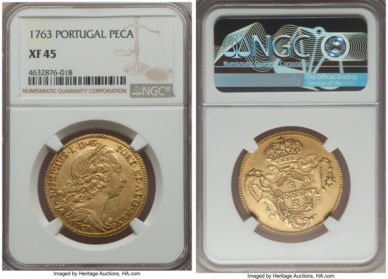 Jose I gold 6400 Reis (Peca) 1763 XF45 NGC, Lisbon mint, KM240. Evenly worn, but...