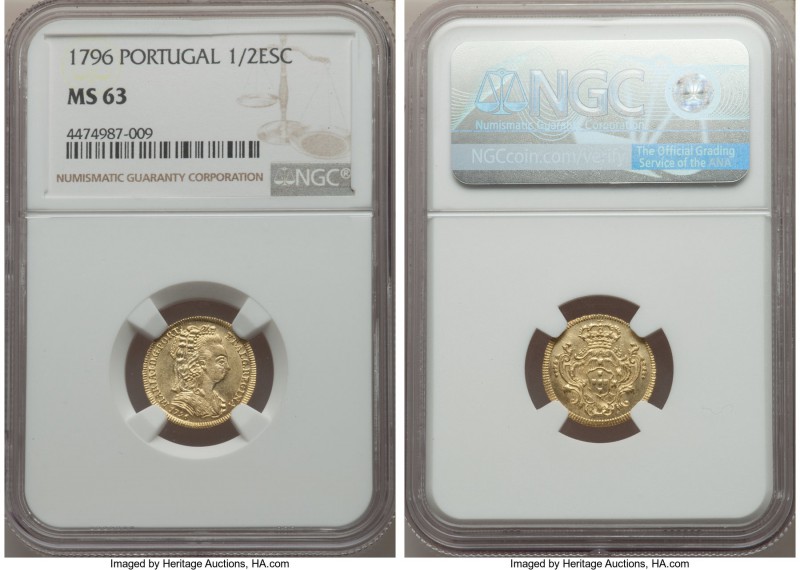 Maria I gold 1/2 Escudo 1796 MS63 NGC, Lisbon mint, KM296, Fr-119. Very lustrous...