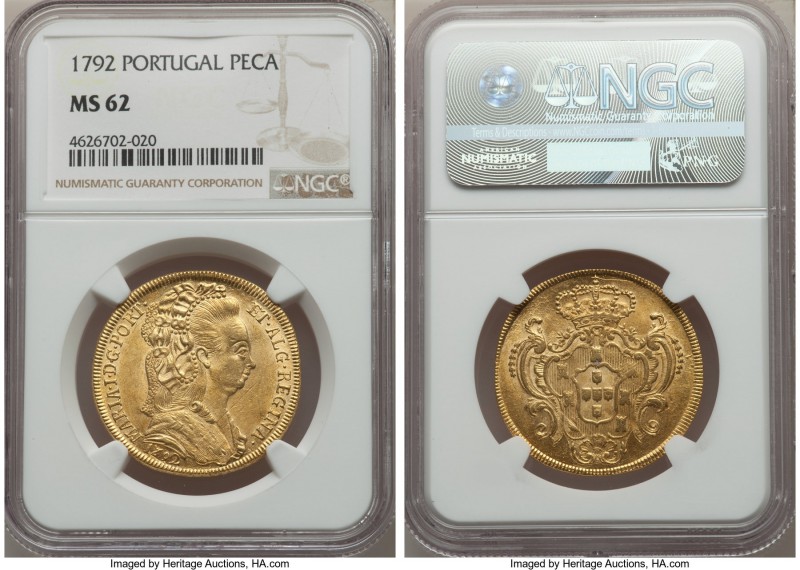 Maria I gold 6400 Reis (Peça) 1792 MS62 NGC, Lisbon mint, KM299. An attractive a...
