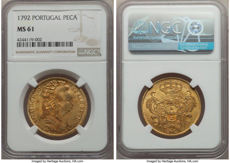 Maria I gold 6400 Reis (Peça) 1792 MS61 NGC, Lisbon mint, KM299. A bold depictio...