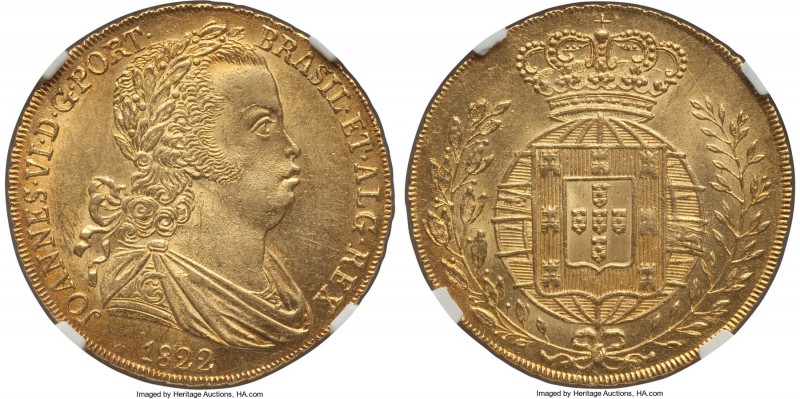 João VI gold 6400 Reis (Peça) 1822 MS63 NGC, Lisbon mint, KM364, Fr-128. Well-st...