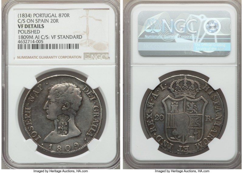 Maria II Counterstamped 870 Reis ND (1834) VF Details (Polished) NGC, KM440.13. ...