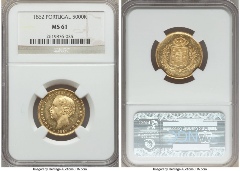 Luiz I gold 5000 Reis 1862 MS61 NGC, KM508. A few scattered hairlines, but extre...